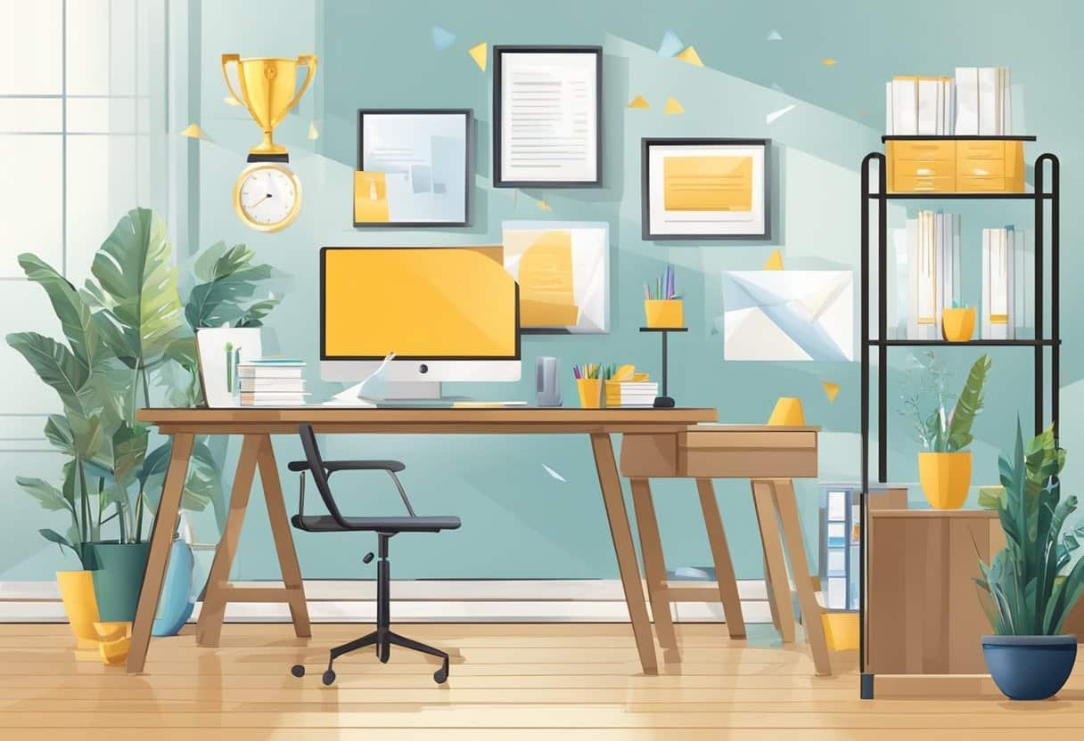 A bright office with a desk adorned with a trophy and a congratulatory card. Colleagues smiling and clapping in the background