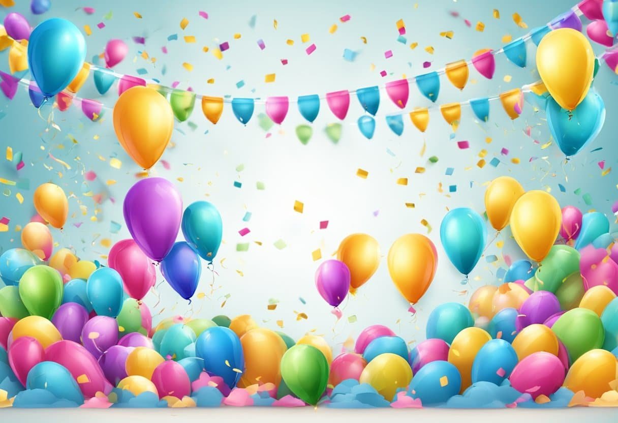 A group of colorful balloons and confetti floating in the air, with a banner that reads "Congratulations on your excellent performance" hanging in the background
