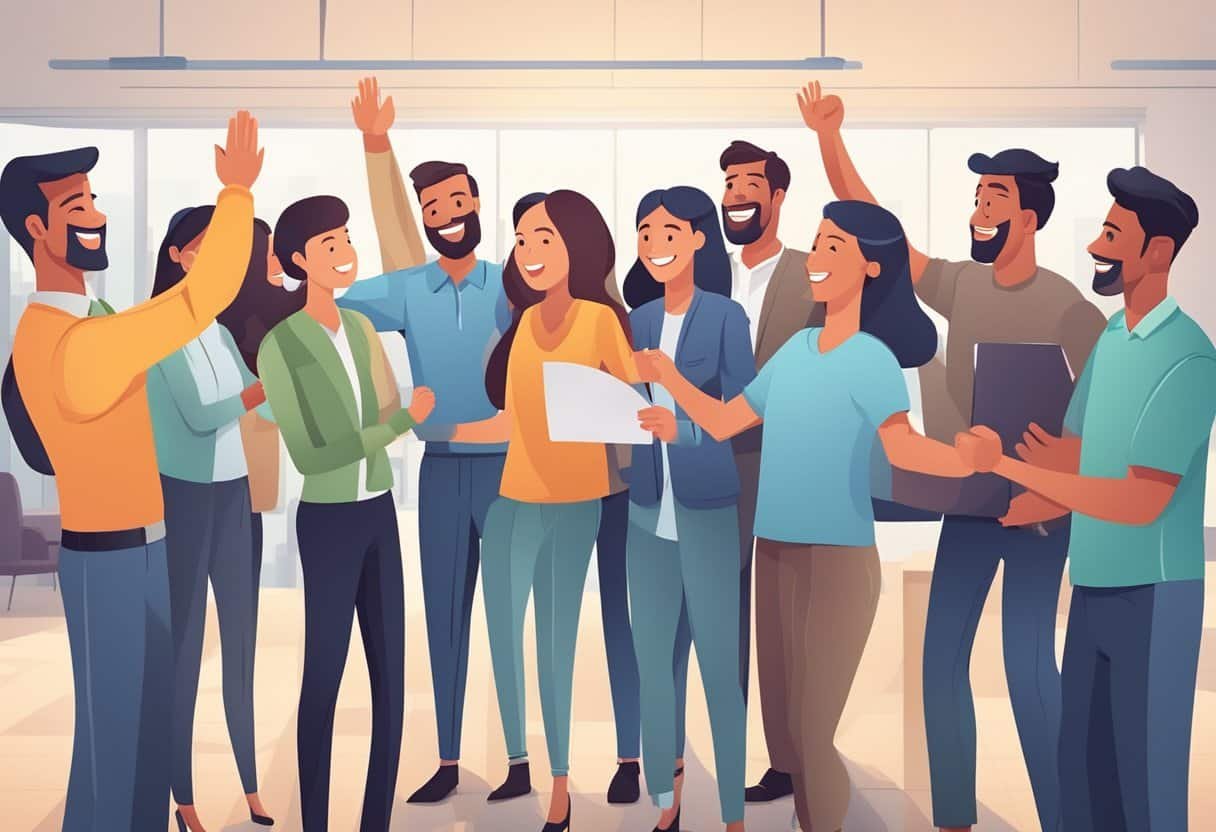 A group of employees gathered around a beaming colleague, congratulating them with smiles and high fives. The atmosphere is filled with a sense of pride and recognition for the hard work and dedication displayed by the employee