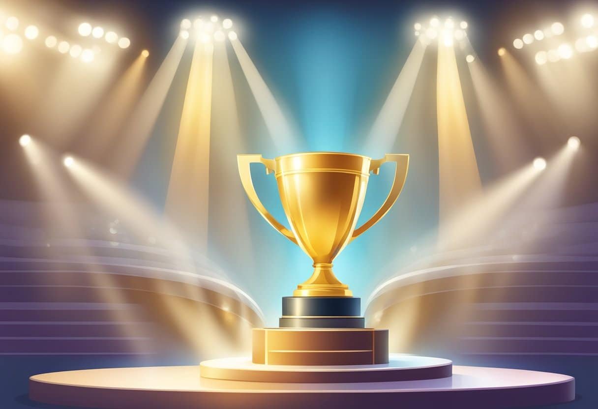 A bright spotlight shines on a podium with a trophy and a banner that reads "Recognizing Good Performance - Congratulations to the Employee"