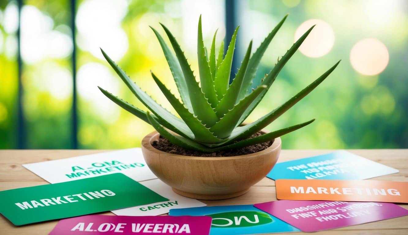 Una vibrante planta de aloe vera verde rodeada de materiales de marketing y frases llamativas, con una sensación de frescura y belleza natural