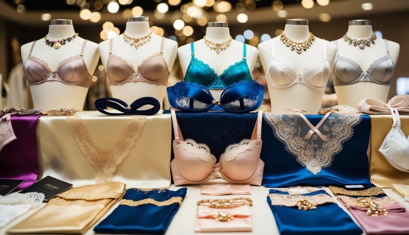 Una exhibición de varios accesorios y tipos de lencería, incluyendo encaje, seda y satén, dispuesta de manera elegante y acogedora.