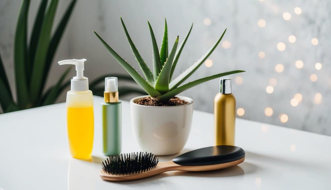 Planta de aloe vera rodeada de productos para el cuidado del cabello y un cepillo para el cabello sobre una superficie limpia y blanca