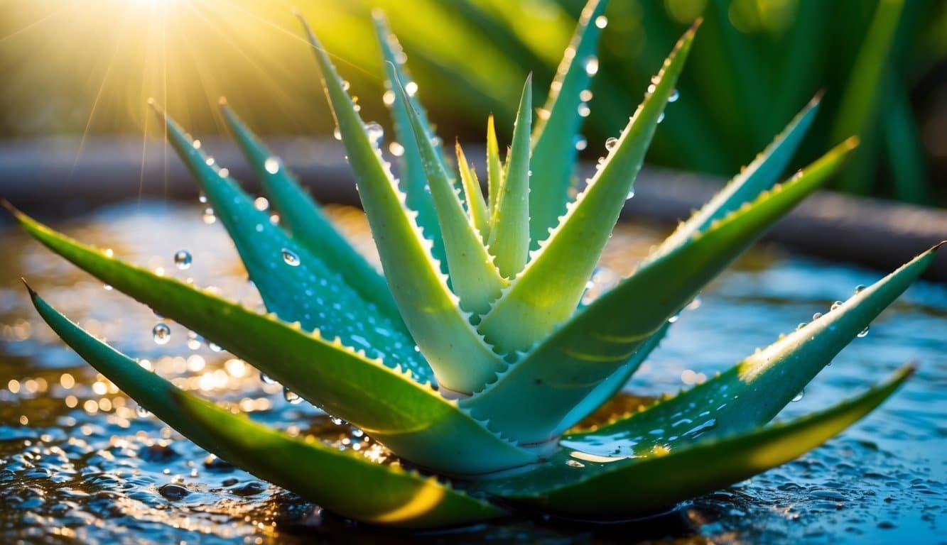 Una vibrante planta de aloe vera rodeada de gotas de agua, con la luz del sol proyectando un cálido resplandor sobre sus hojas suculentas