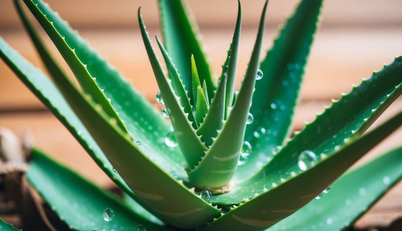Planta de aloe vera con hojas gruesas y carnosas rodeadas de gotas de gel claro