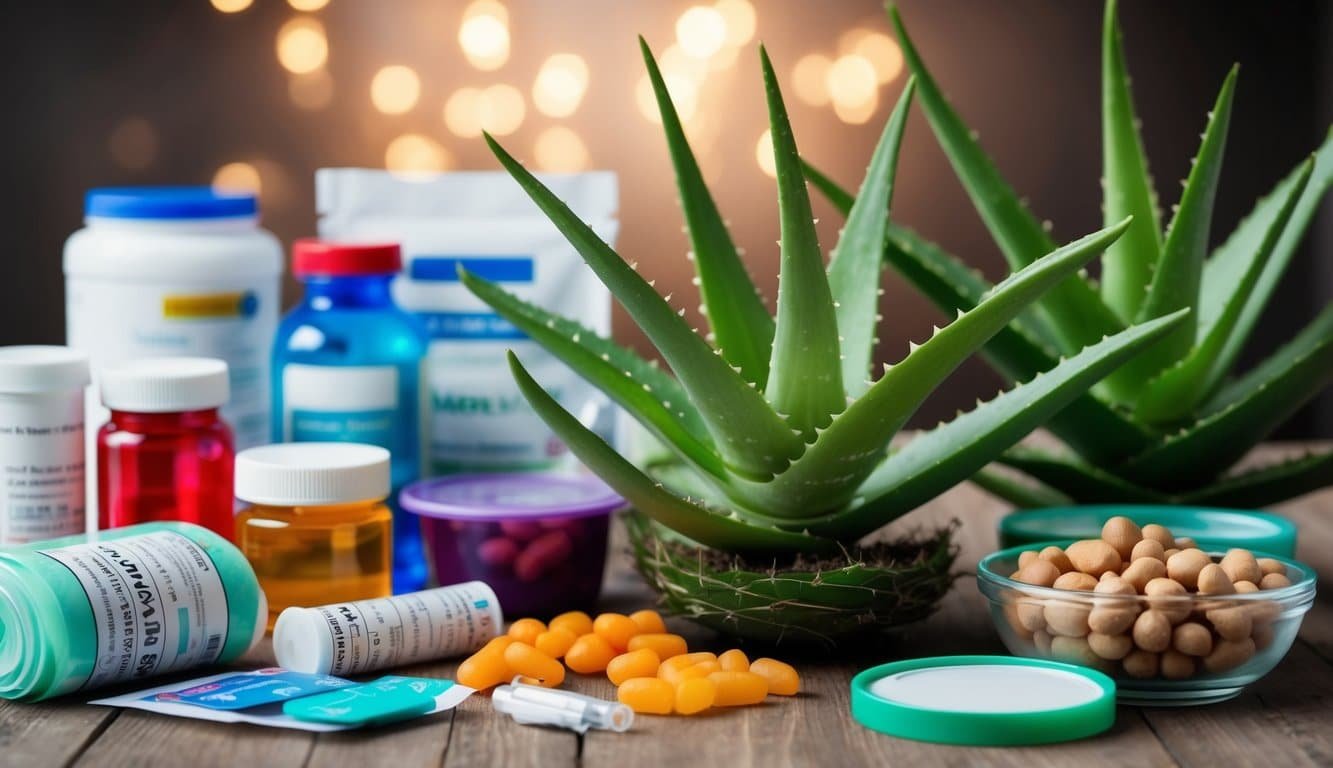 Planta de aloe vera con hojas gruesas y carnosas y flores tubulares amarillas, rodeada de pequeños racimos de hojas verdes y blancas moteadas.