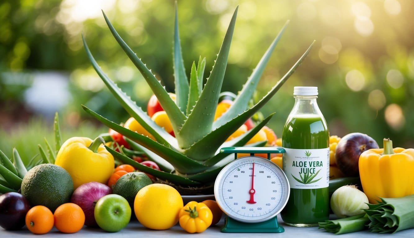 Plantas de aloe vera siendo cosechadas y procesadas en jugo, con botellas y vasos dispuestos sobre una mesa para servir.