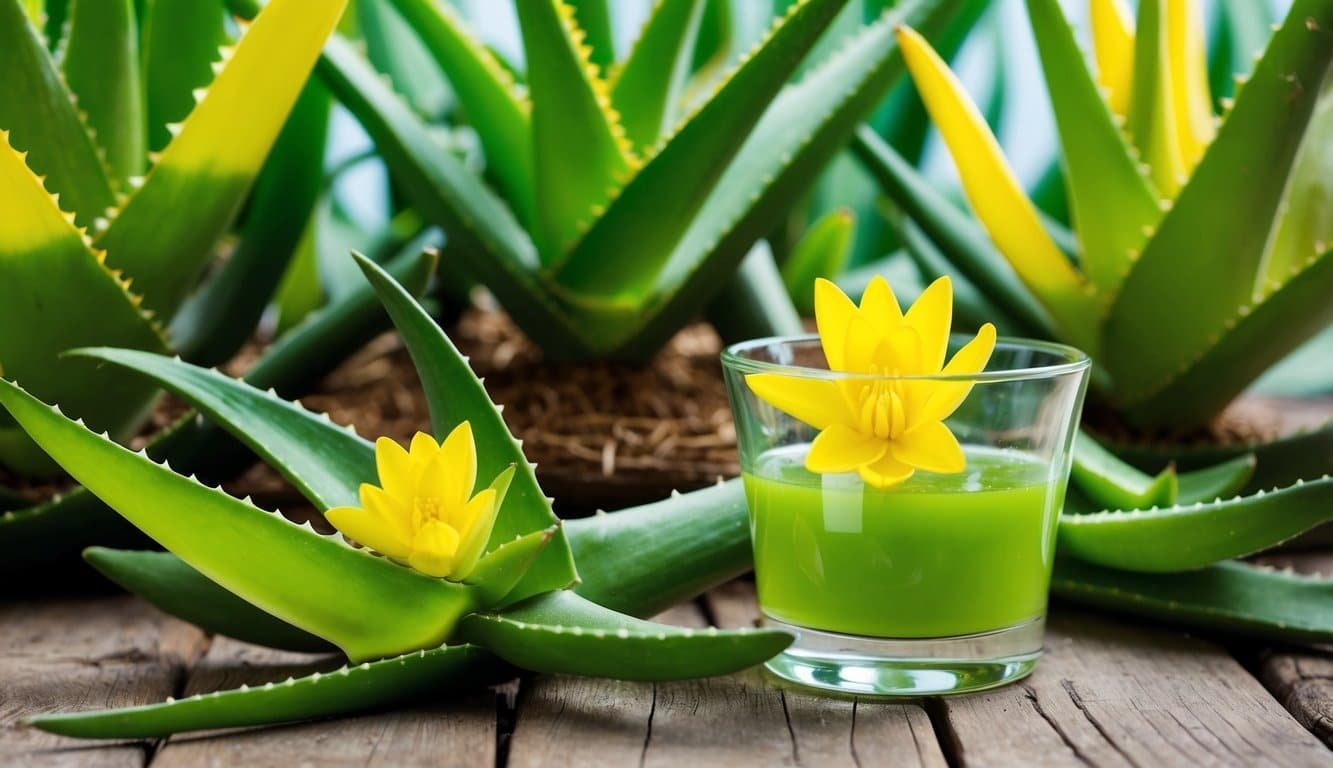 Plantas de aloe vera rodeadas de hojas verdes vibrantes y flores amarillas brillantes, con un vaso claro y refrescante de jugo de aloe vera colocado sobre una mesa de madera.