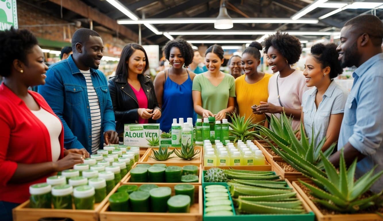 Un colorido puesto de mercado con varios productos de Aloe Vera exhibidos, rodeado de un grupo diverso de clientes potenciales mostrando interés y curiosidad.