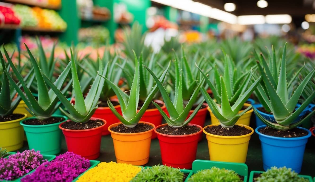 Plantas de aloe vera dispuestas en una colorida exhibición de mercado