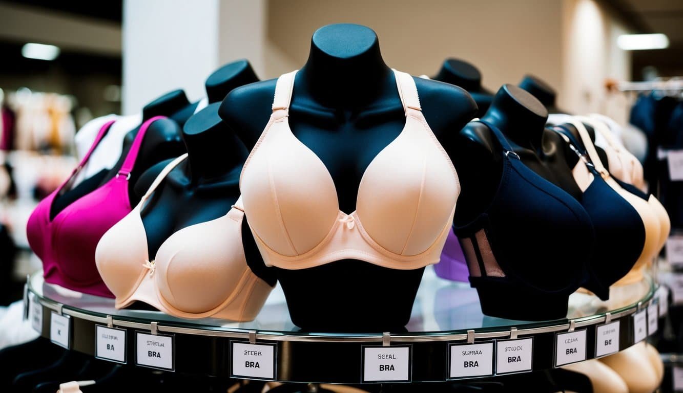 Una variedad de formas y tamaños de sujetadores dispuestos en un soporte de exhibición, con etiquetas que indican diferentes formas de senos.
