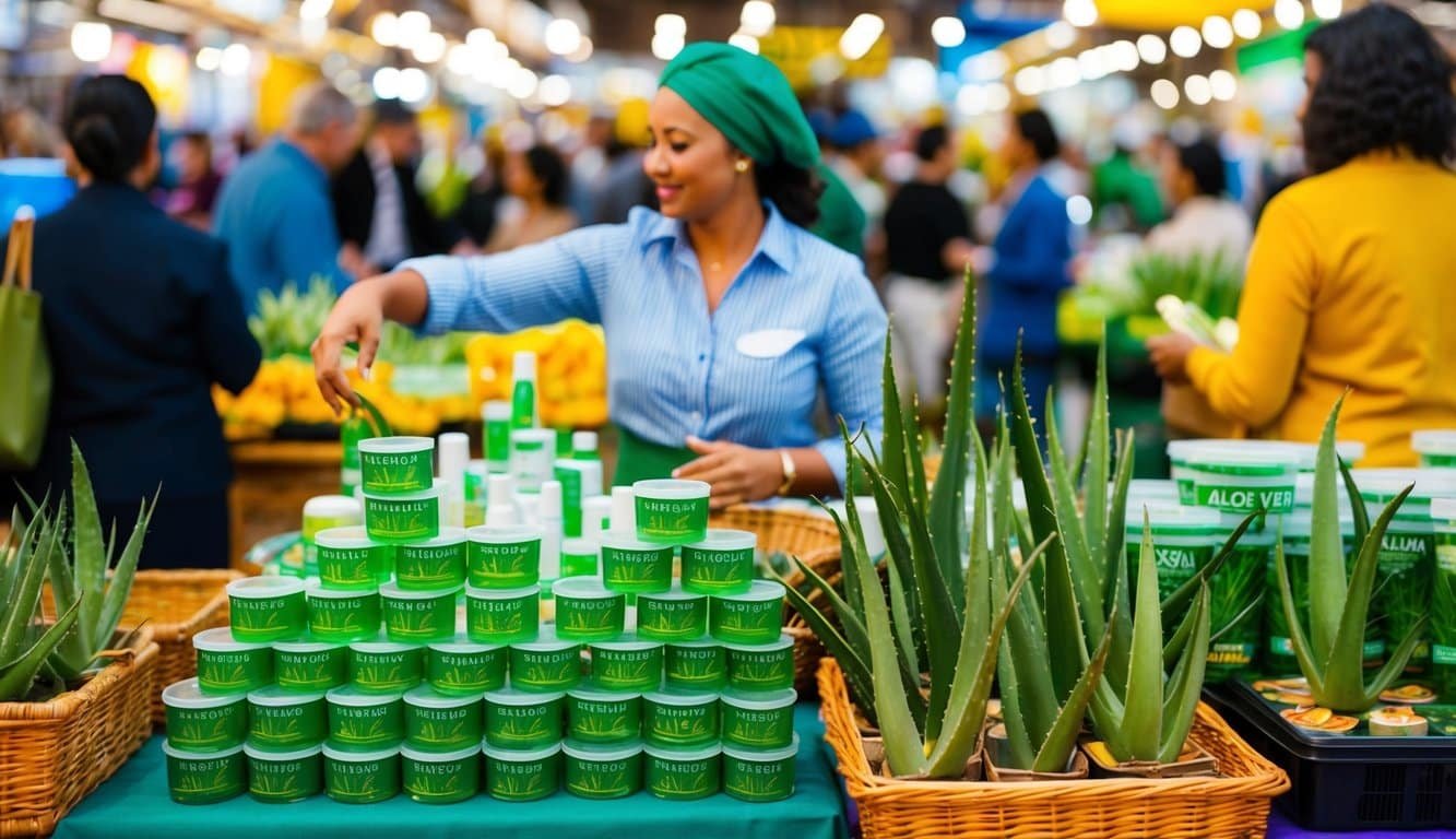 Una exhibición vibrante de productos de Aloe Vera en una mesa en un mercado bullicioso, con un vendedor interactuando con clientes potenciales.