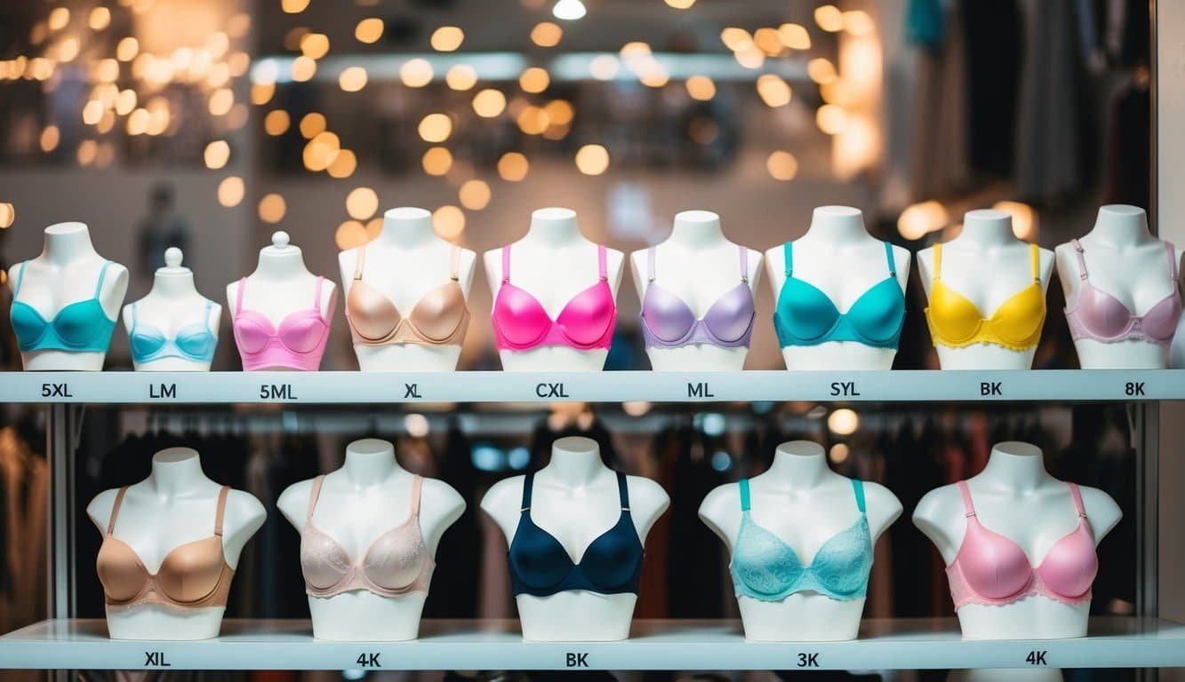 Una variedad de sujetadores en diferentes tamaños y estilos exhibidos en una estantería, con ilustraciones o maniquíes que muestran cómo cada tipo se ajusta a diferentes formas de pecho.