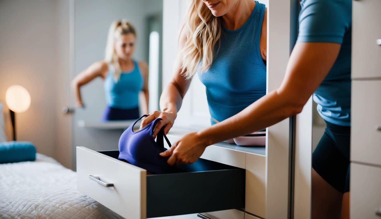 Una mujer en ropa de entrenamiento alcanzando un sujetador deportivo de un cajón en un dormitorio bien iluminado