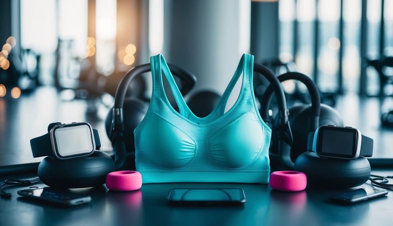 Un sujetador deportivo rodeado de equipo atlético y tecnología, como rastreadores de fitness y ropa de entrenamiento, en un entorno moderno y elegante.
