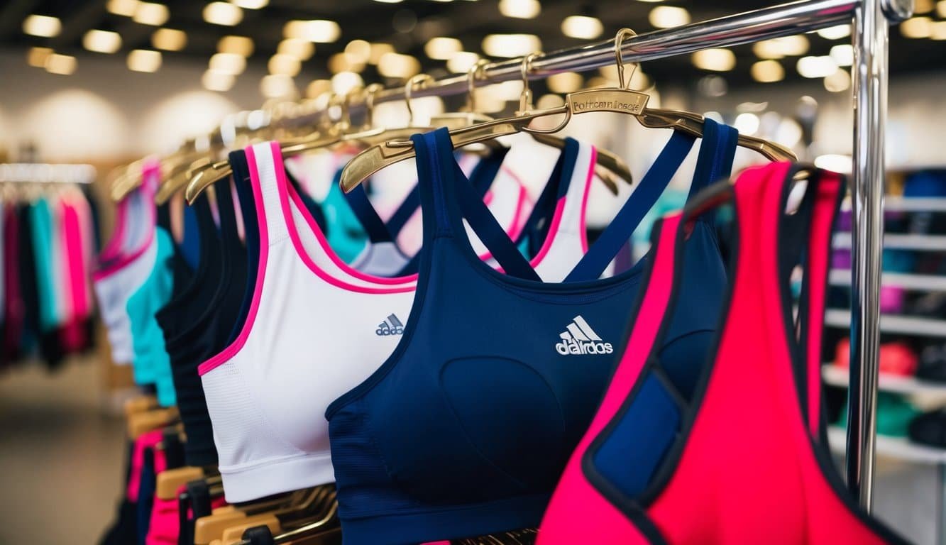 Una colección de sujetadores deportivos con logotipos de marcas prominentes exhibidos en un estante