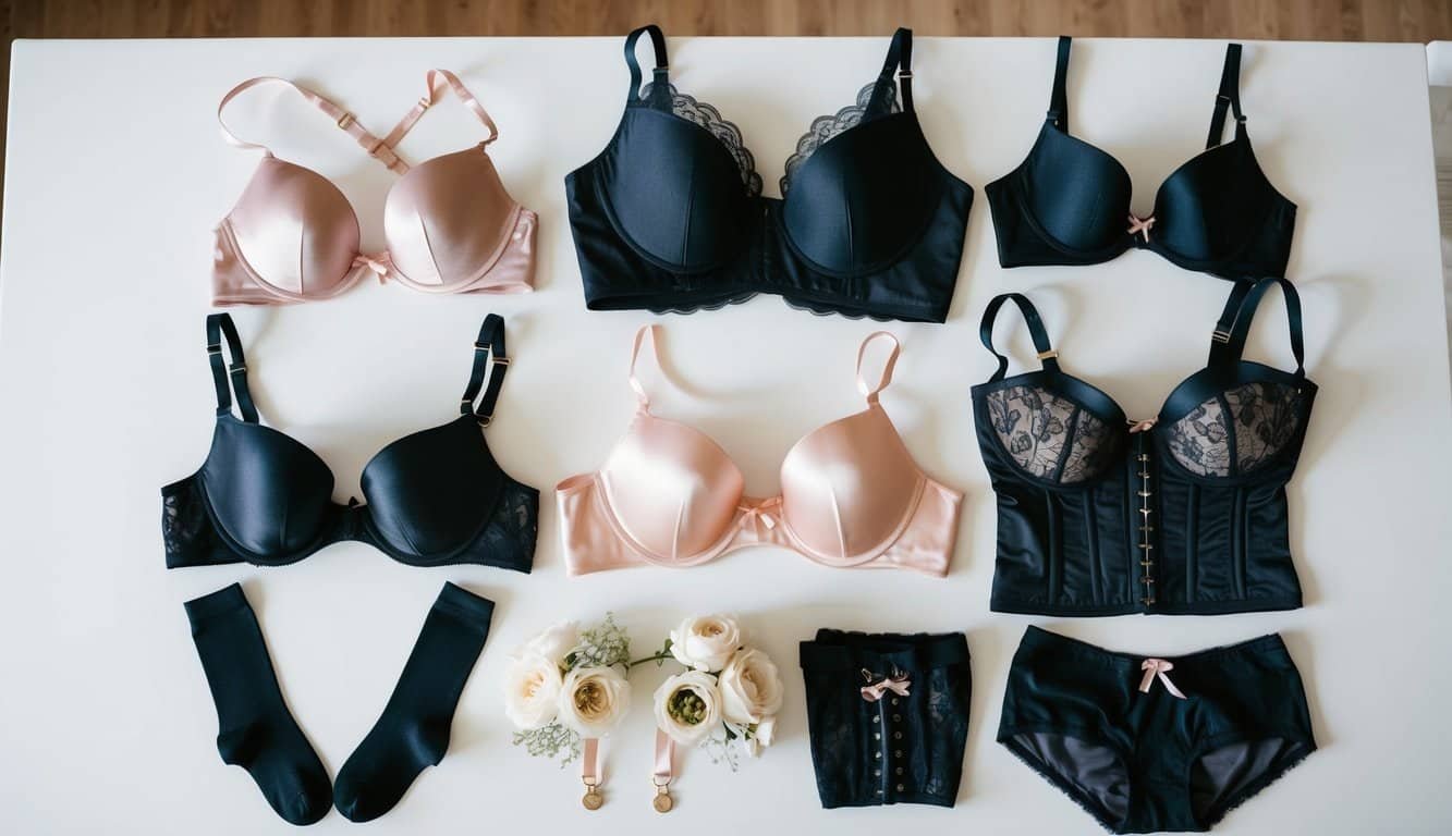 Una colección de varios tipos de lencería dispuesta sobre una superficie blanca y limpia, incluyendo sujetadores, bragas, corsés y medias.