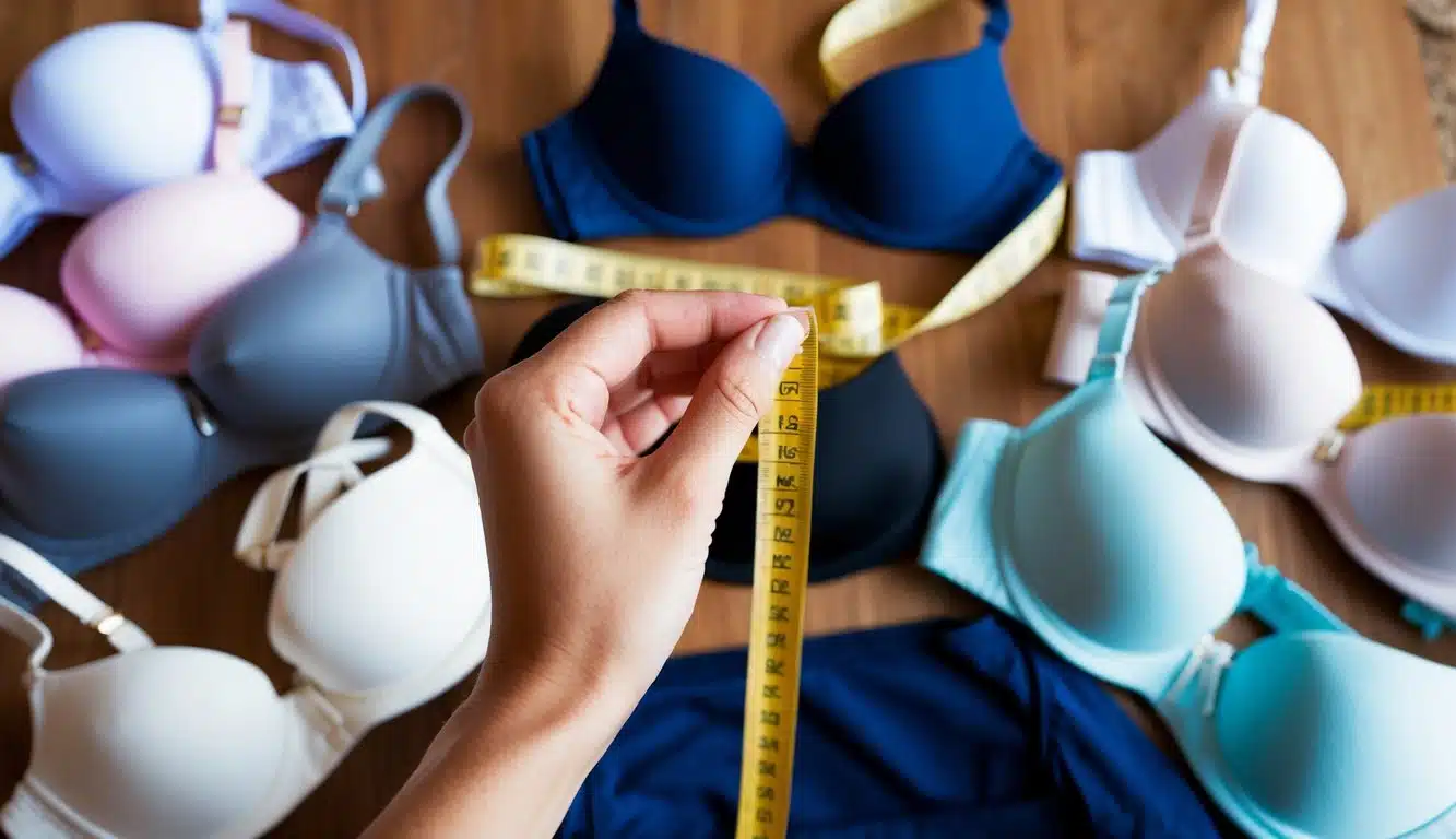 La mano de una mujer sosteniendo una cinta métrica, rodeada de varios tamaños y estilos de sujetadores