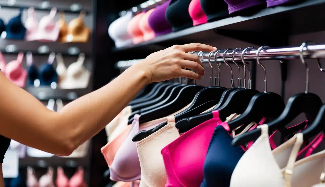 La mano de una mujer alcanzando un estante de sujetadores de cobertura completa en una tienda de lencería, con varias opciones exhibidas en diferentes colores y patrones.