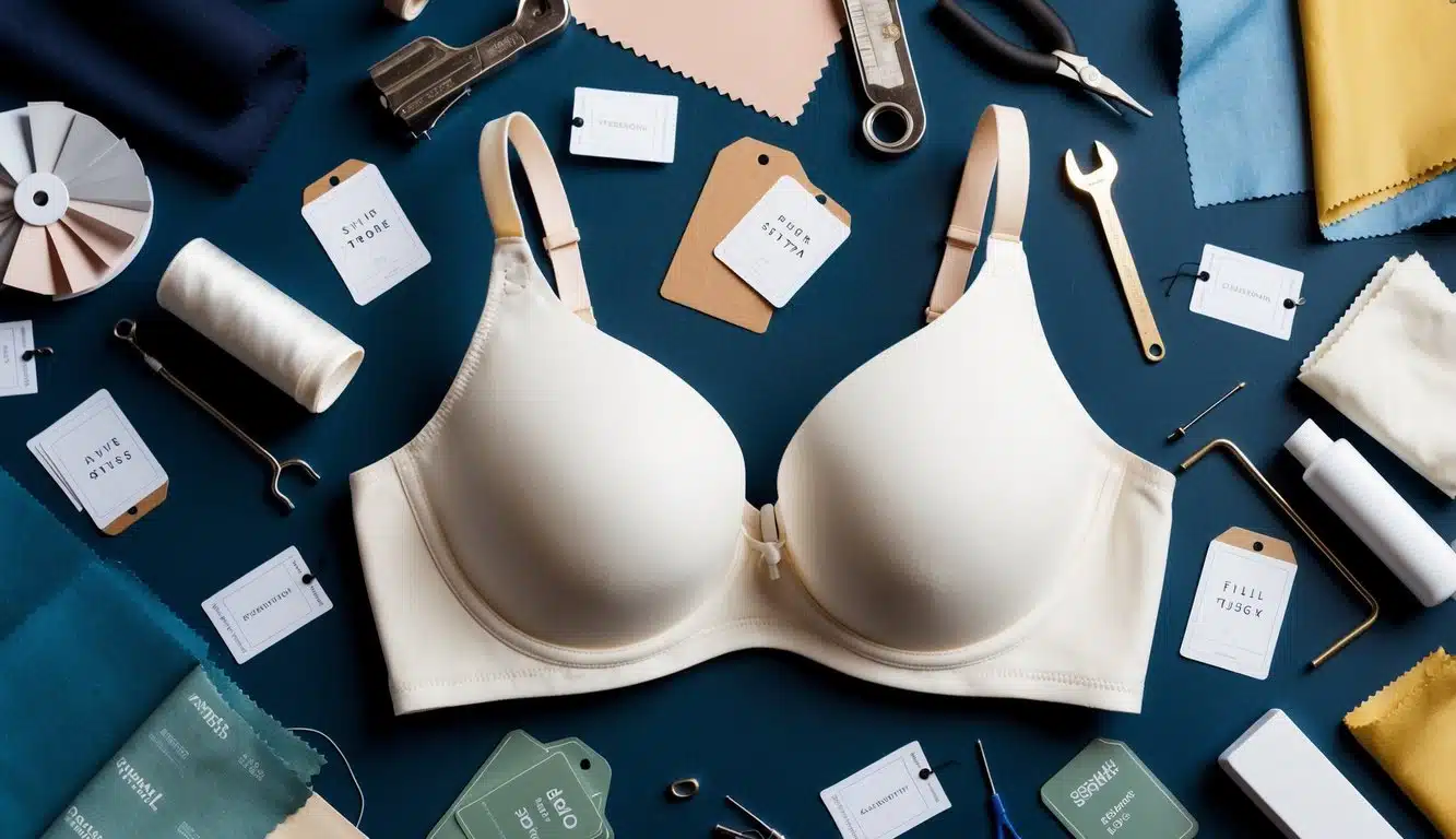 Un sujetador de cobertura completa rodeado de varias muestras de tela, etiquetas de precio y herramientas de mantenimiento, con un enfoque en la durabilidad y el atractivo estético.