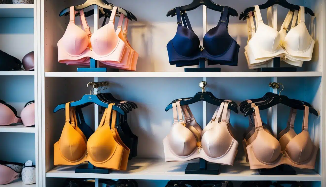 Una variedad de sujetadores de cobertura completa y accesorios exhibidos en una estantería, con diferentes tamaños, colores y estilos para elegir.