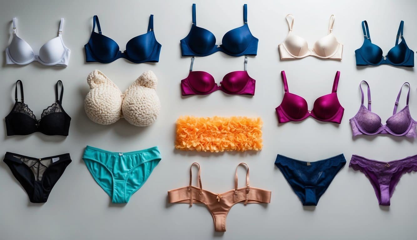 Una variedad de materiales y texturas de lencería exhibidos sobre un fondo limpio y minimalista, mostrando diferentes tipos de lencería para mujeres.