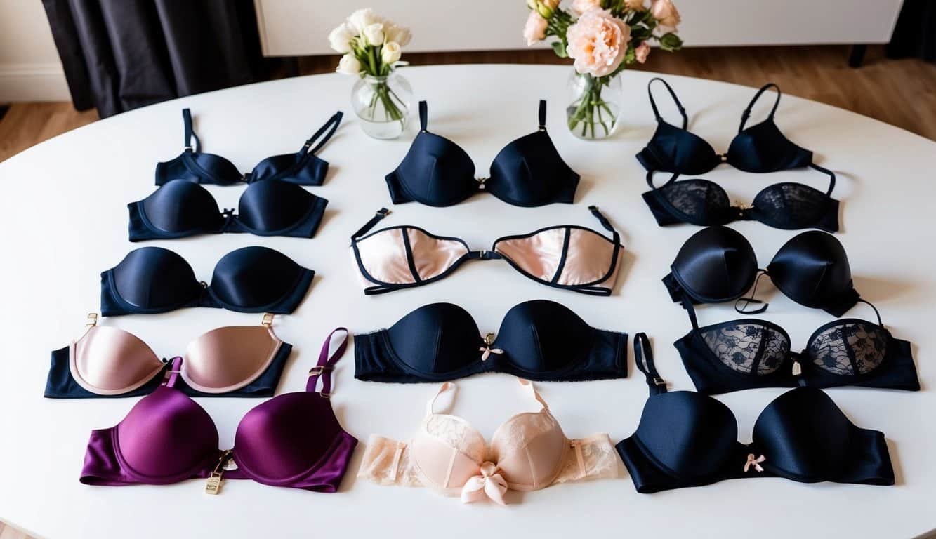 Una variedad de tipos de lencería dispuestos sobre una superficie blanca y limpia, incluyendo sujetadores, bragas, corsés y bodies, mostrando la diversidad de opciones para que las mujeres elijan.