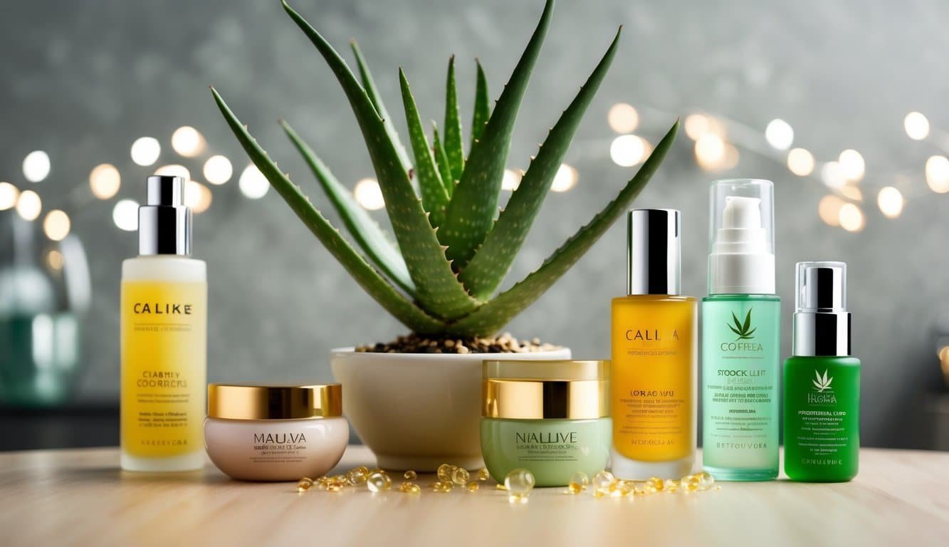 Planta de Aloe Vera rodeada de productos cosméticos, con un aspecto radiante y saludable