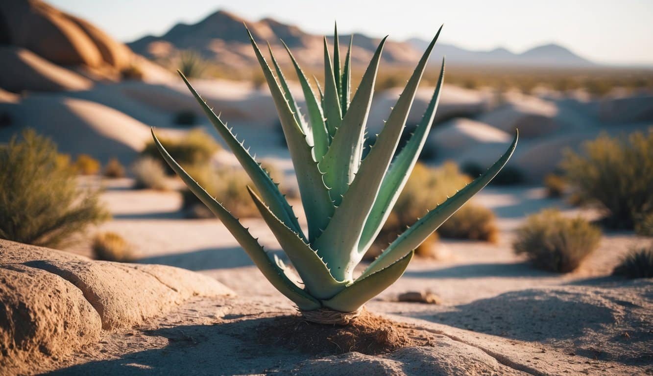 Una exuberante planta de aloe vera se erige alta en un paisaje desértico, rodeada de terreno rocoso y bañado por la cálida luz del sol.
