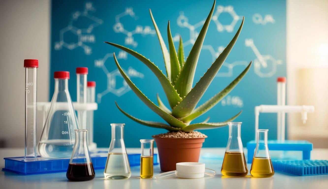 Planta de aloe vera rodeada de compuestos químicos, con un fondo científico.