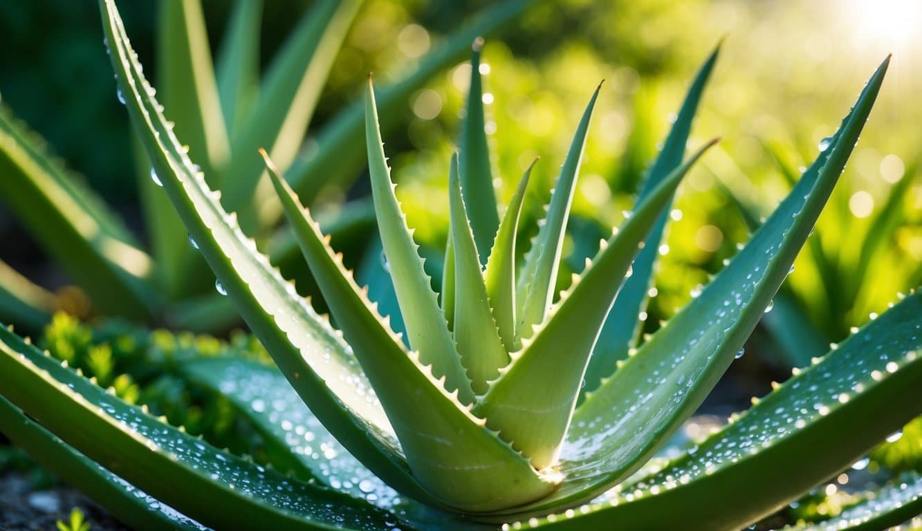 Una exuberante planta de aloe vera con hojas gruesas y carnosas, rodeada de pequeñas gotas de agua que brillan a la luz del sol.