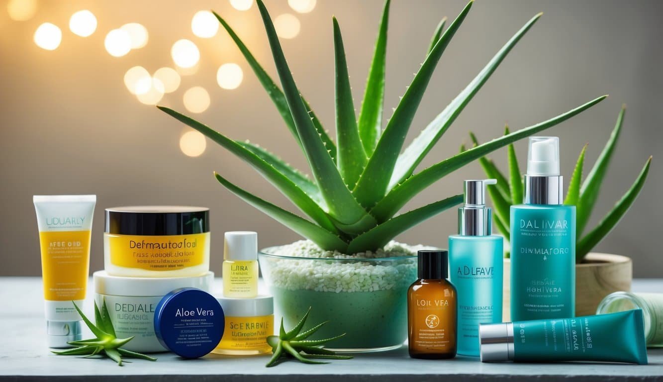 Planta de aloe vera rodeada de varios productos dermatológicos y artículos para el cuidado de la piel, con un suave resplandor que resalta sus propiedades curativas.