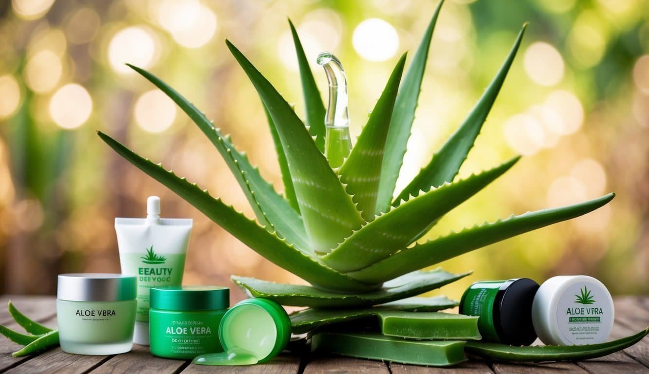 Una exuberante planta de aloe vera con hojas verdes vibrantes y un gel claro y calmante que brota de una hoja cortada. Alrededor de la planta hay varios productos de belleza hechos de aloe vera.