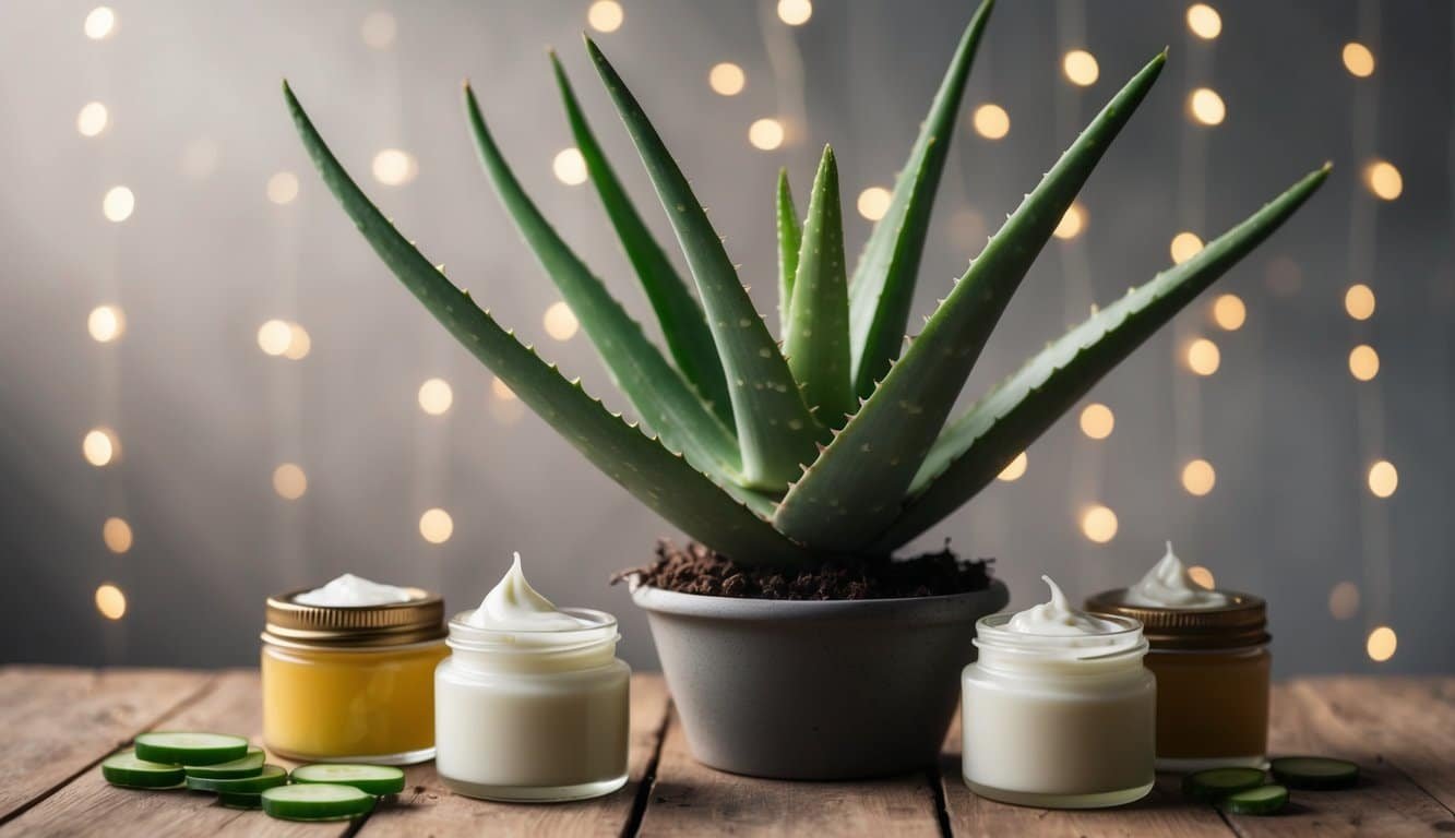 Planta de aloe vera con hojas gruesas y carnosas rodeada de pequeñas macetas de productos de cuidado de la piel hechos en casa