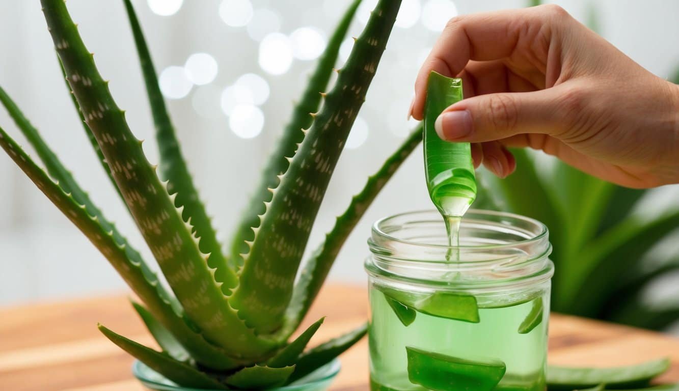Planta de aloe vera siendo cortada y el gel siendo cuidadosamente extraído y conservado en un frasco de vidrio