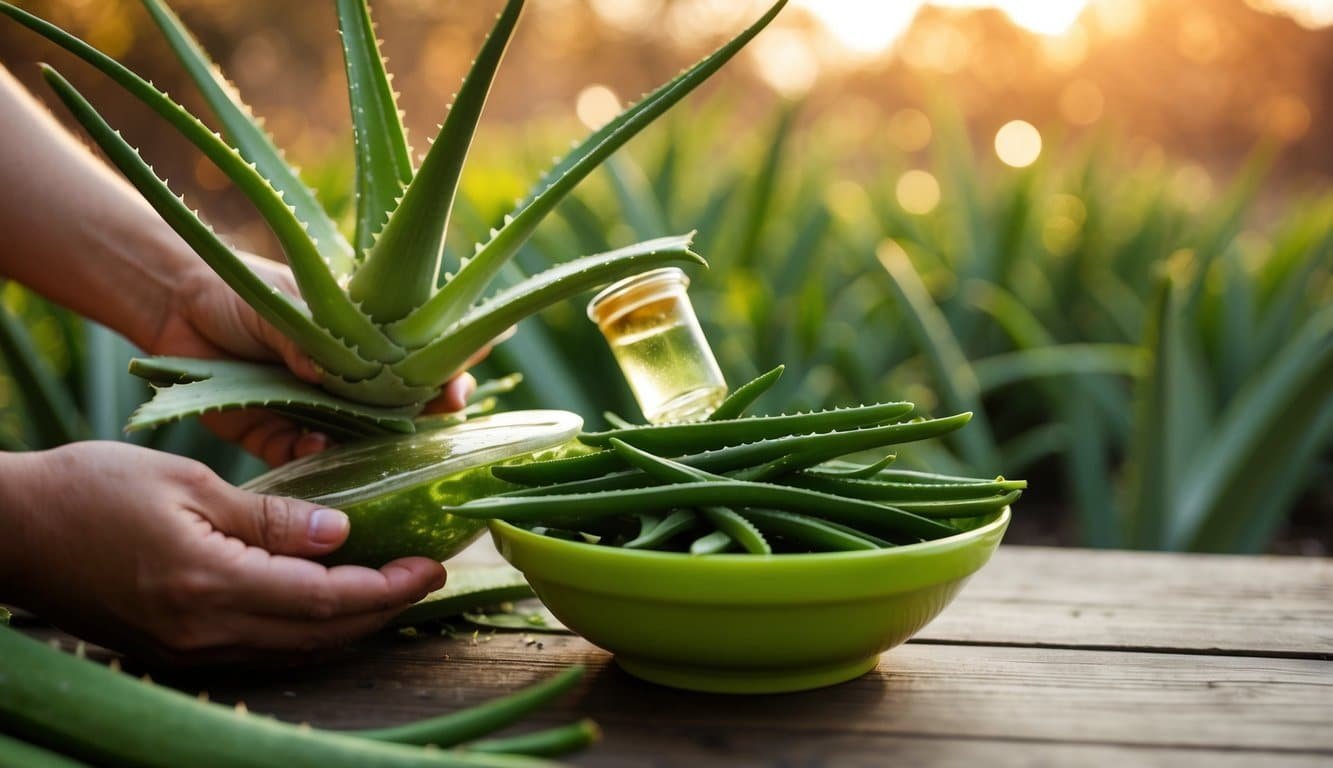 Planta de aloe vera siendo cosechada y procesada para recetas de hidratación caseras