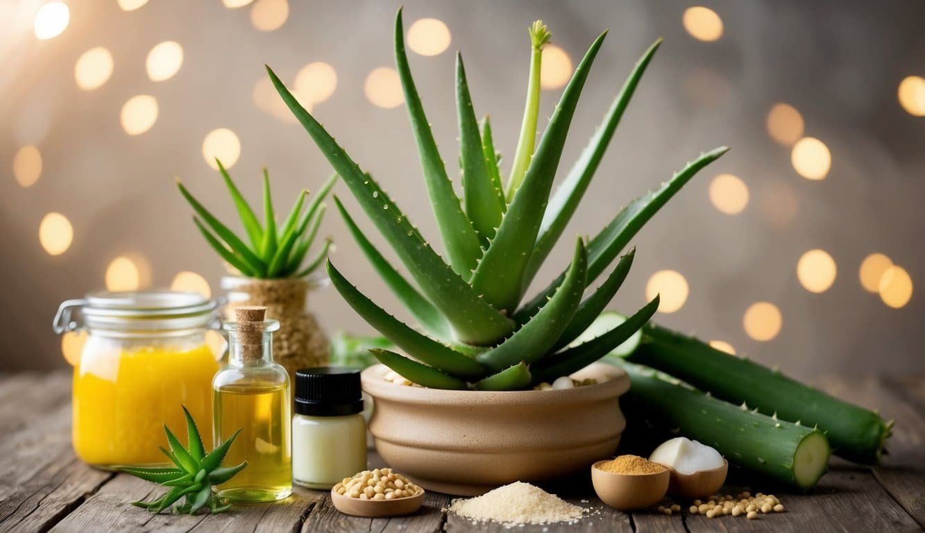 Plantas de aloe vera rodeadas de ingredientes para tratamientos regenerativos y reparadores caseros