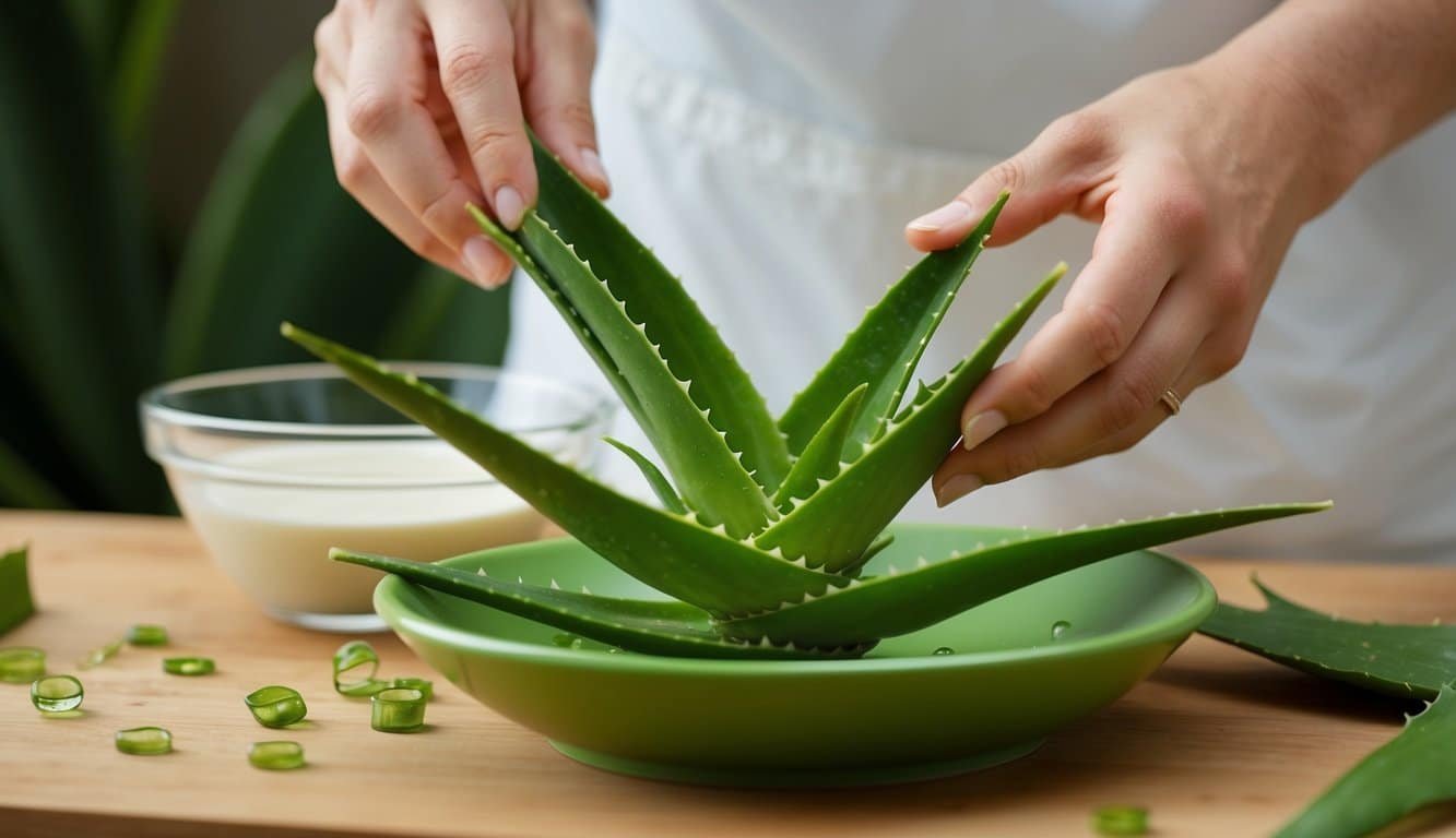 Las hojas de la planta de aloe vera siendo cosechadas y preparadas para recetas caseras de belleza anti-envejecimiento