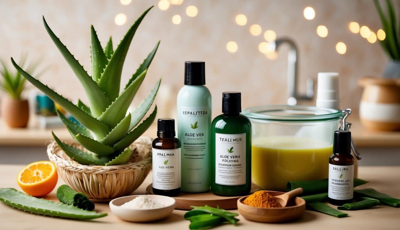 Planta de aloe vera rodeada de productos de limpieza facial, con ingredientes y recetas exhibidos cerca.