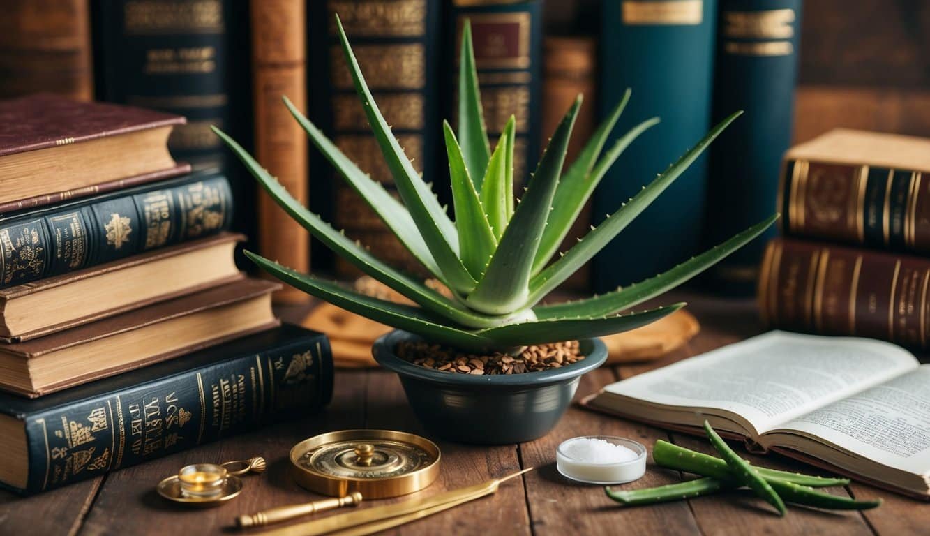 Una vibrante planta de aloe vera rodeada de textos antiguos e investigaciones médicas modernas, simbolizando su rica historia y diversas aplicaciones para la salud.