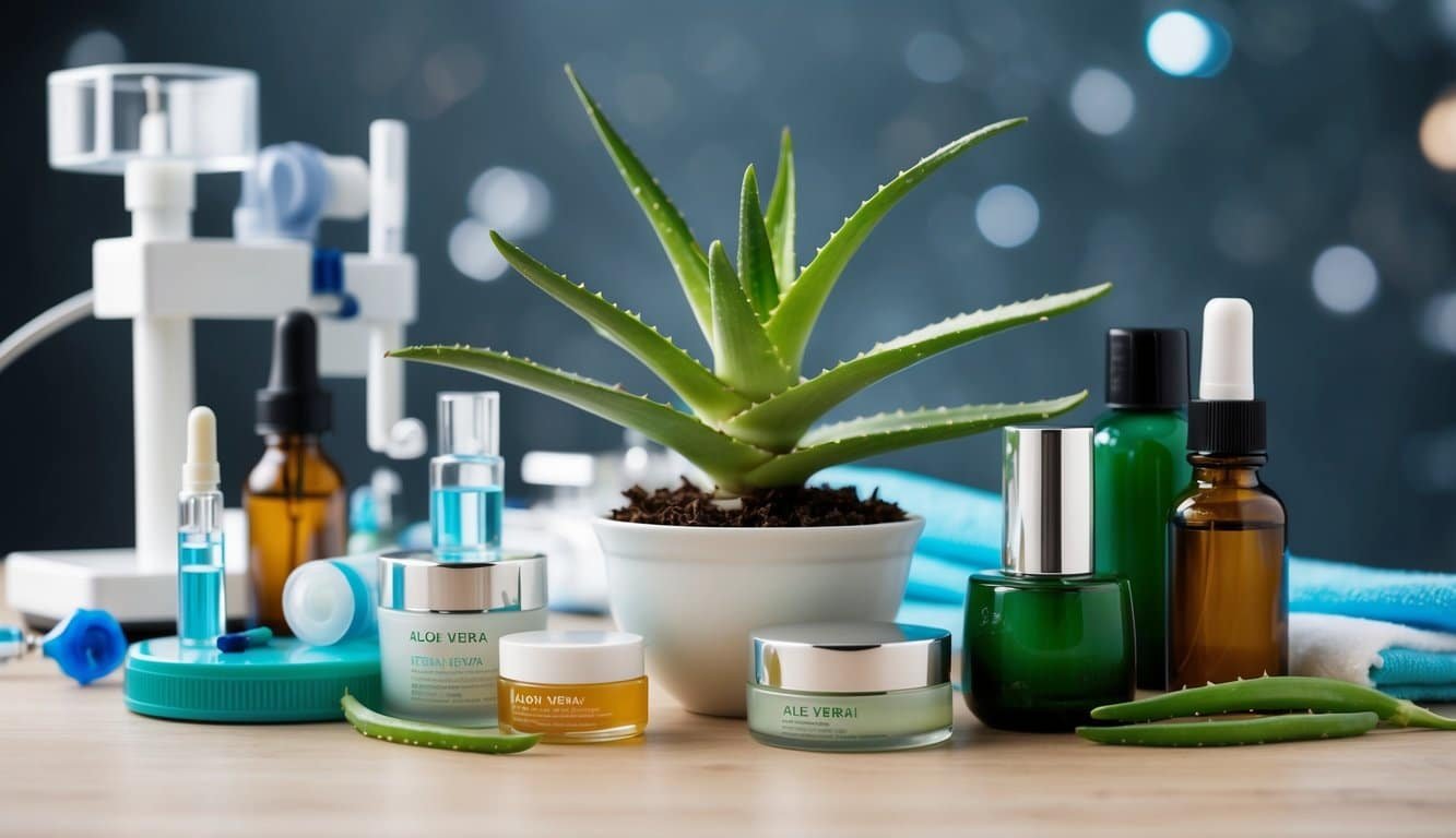 Planta de aloe vera rodeada de equipo científico y botellas de productos para el cuidado de la piel