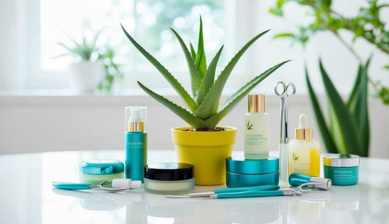 Planta de aloe vera rodeada de herramientas dermatológicas y productos para el cuidado de la piel sobre una superficie blanca limpia