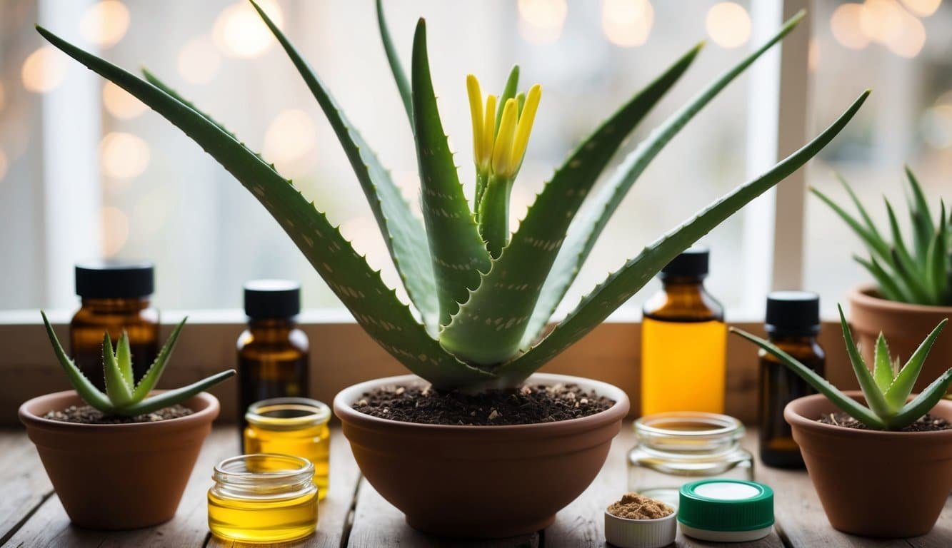 Planta de aloe vera con hojas gruesas y carnosas y flores tubulares amarillas, rodeada de pequeñas macetas y botellas de productos medicinales.