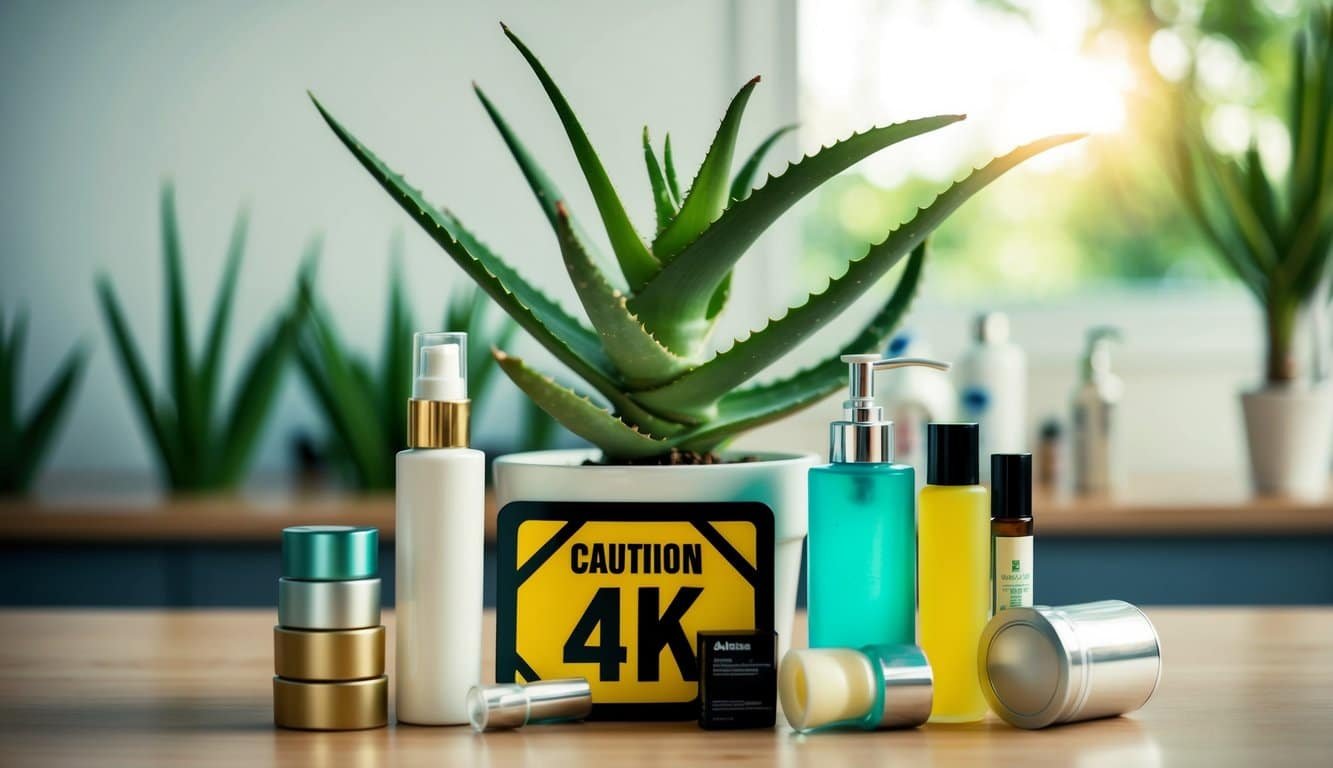 Planta de aloe vera rodeada de varios productos cosméticos y un letrero de advertencia