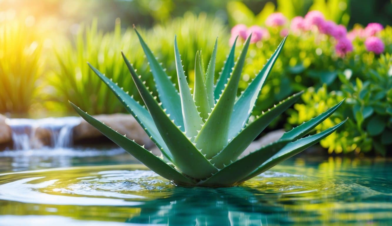 Una vibrante planta de aloe vera rodeada de agua clara y fluida y un exuberante verdor.