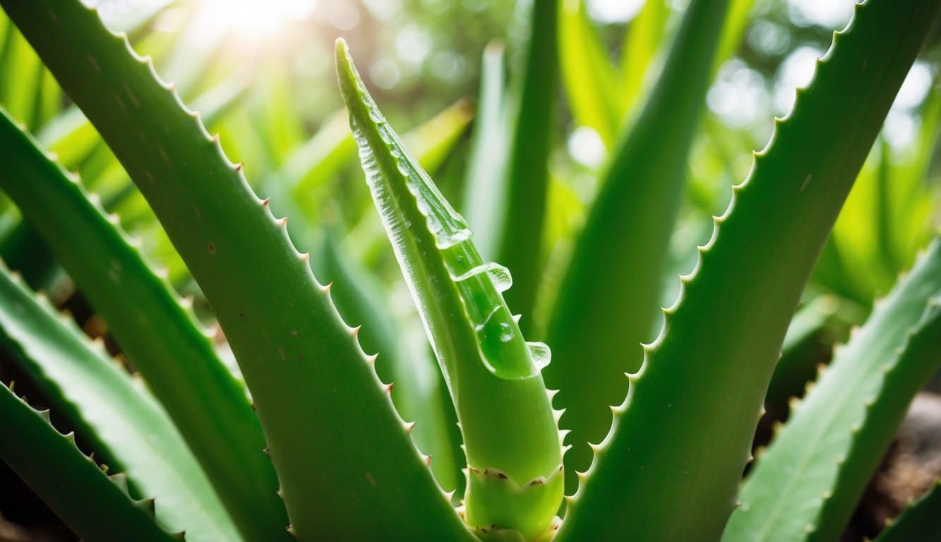 Una exuberante planta de Aloe vera se erige alta, rodeada de hojas de un verde vibrante. El gel claro brota de una hoja cortada, simbolizando la desintoxicación natural y los beneficios para la salud.