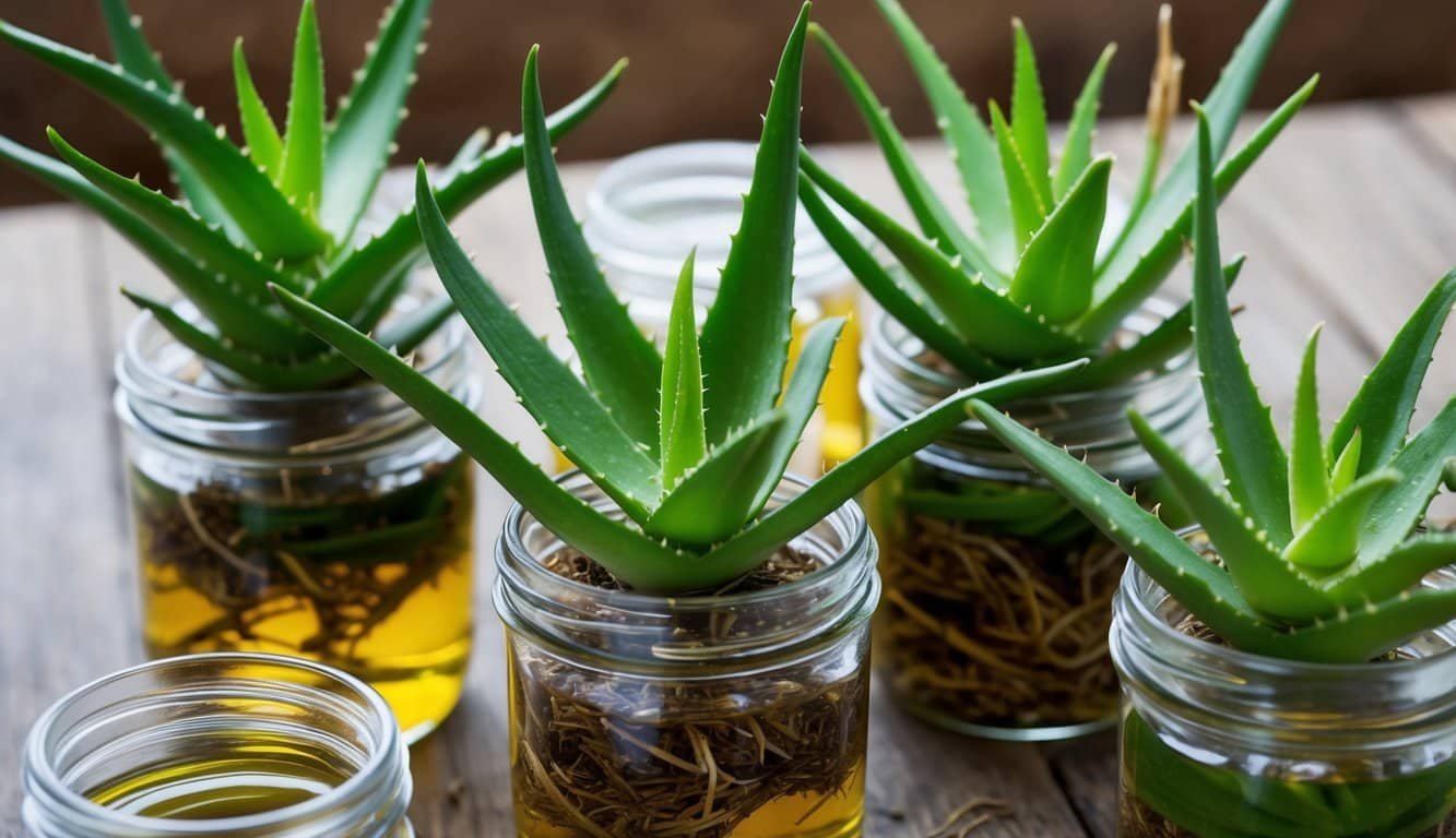 Plantas de aloe vera rodeadas de frascos de vidrio transparente llenos de líquido, con hojas y raíces visibles