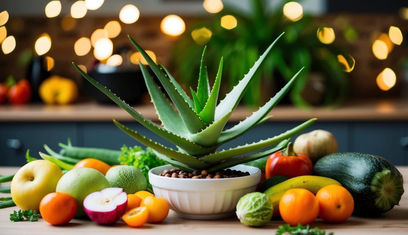 Planta de aloe vera incorporada en las comidas diarias, rodeada de varias frutas y verduras