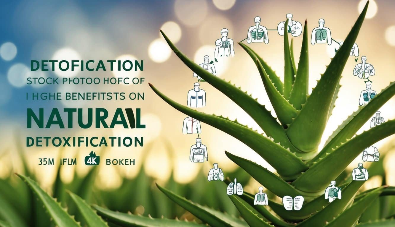 Planta de aloe vera rodeada de varias ilustraciones de órganos específicos, simbolizando la desintoxicación natural y los beneficios para la salud