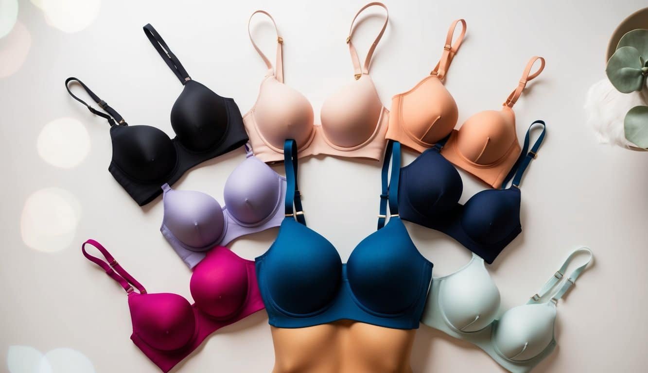 El torso de una mujer con una variedad de sujetadores de cobertura completa en diferentes colores y estilos dispuestos sobre una superficie blanca y limpia.